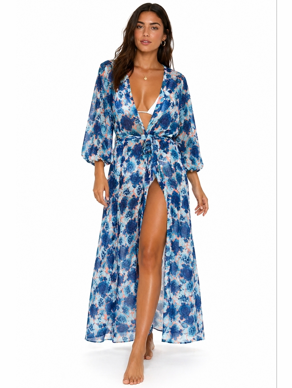 Caribbean Queen Floral Wrap Maxi Dress Blue Coral Size Small Y2K Boho Beach